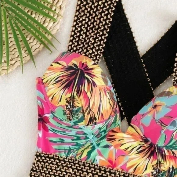 Shein Pink Tropical Stitch Pushup One Piece Swimsuit Bikini L - Picture 5 of 11